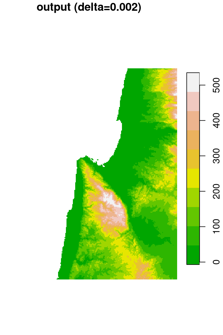 DEM resampled by a factor of 2.4, from 0.0008 (left) to 0.002 (right) resolution