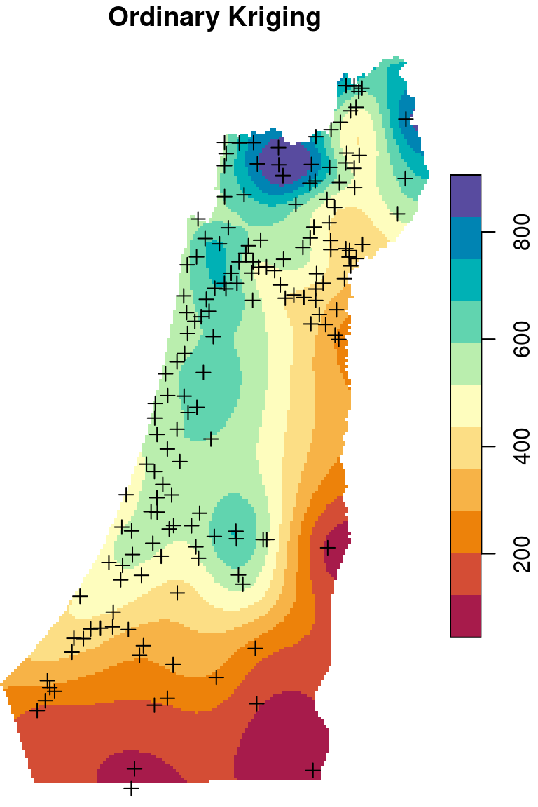 Spatial interpolation of annual rainfall using IDW, OK and UK