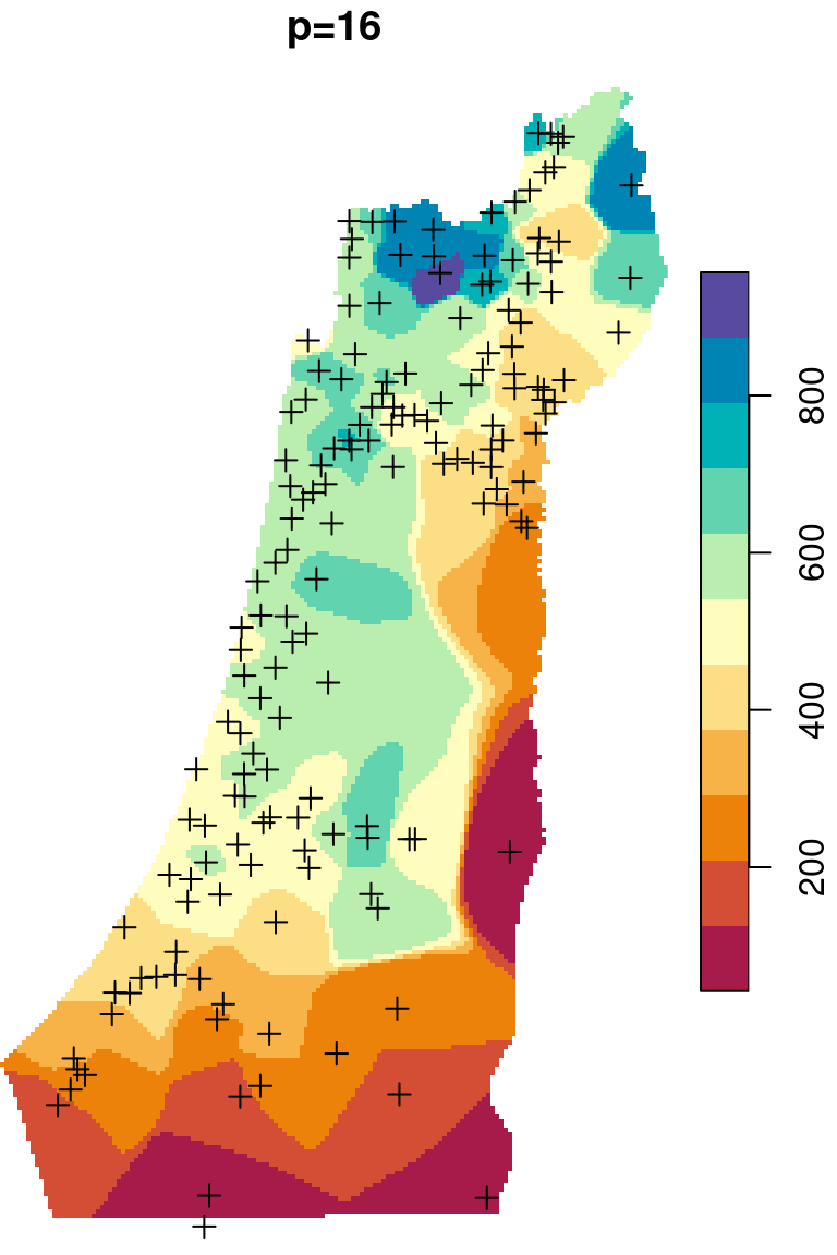 Spatial interpolation of annual rainfall using IDW with $p=0.25$, $p=2$ and $p=16$