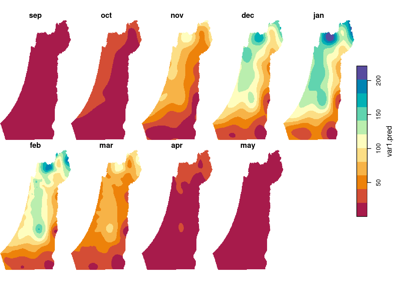 Monthly rainfall predictions using Ordinary Kriging