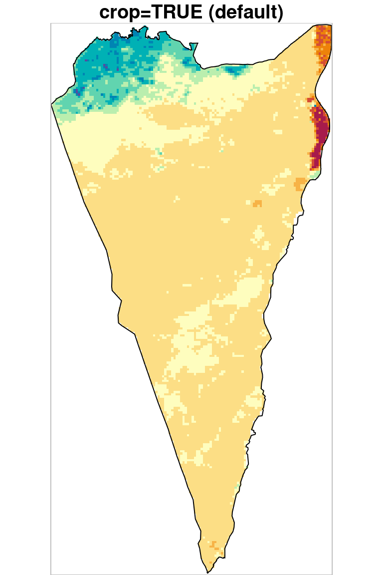 Cropping and masking (left) vs. masking (right), raster extent is shown in grey