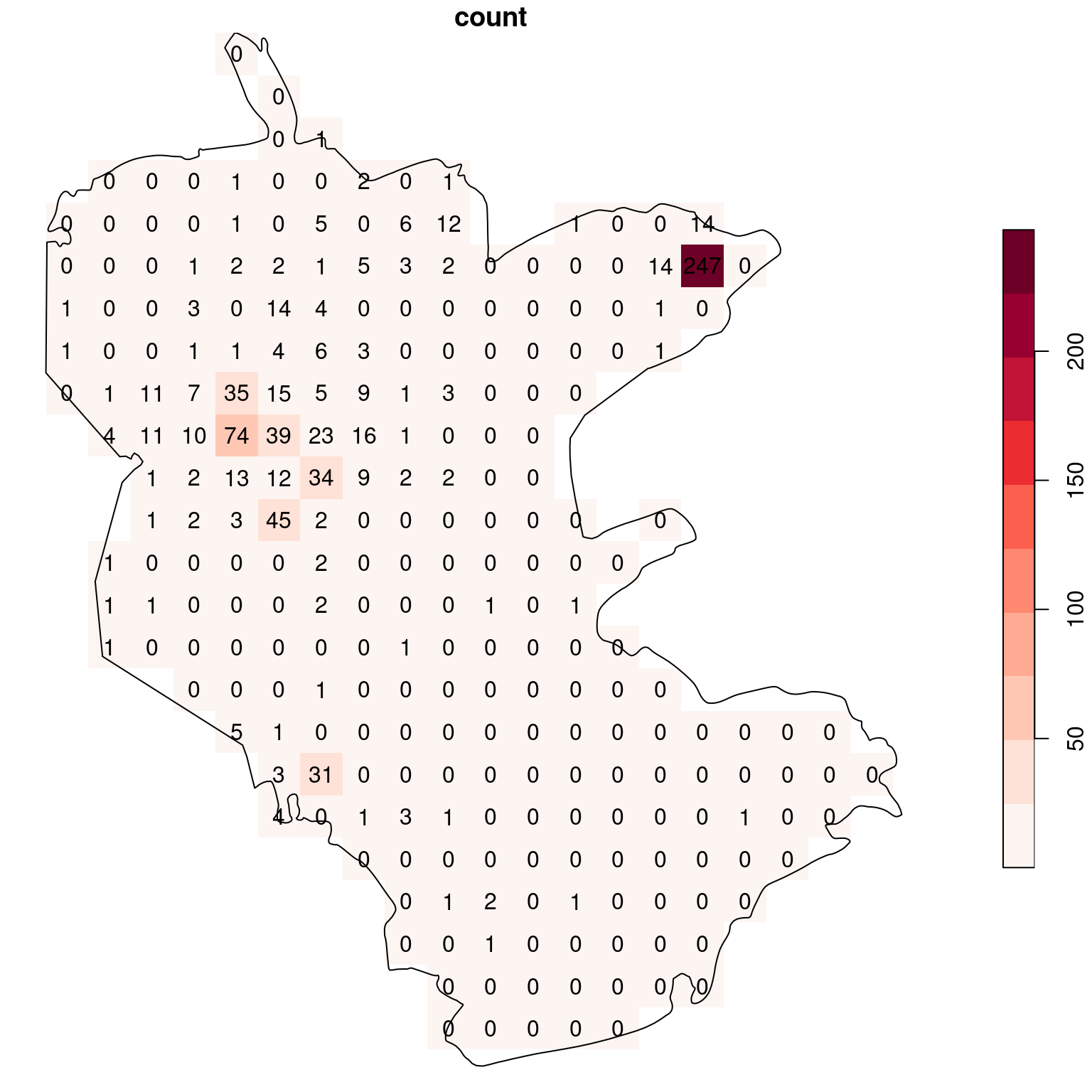 Density (observations per pixel) of rare plants in the nature reserve