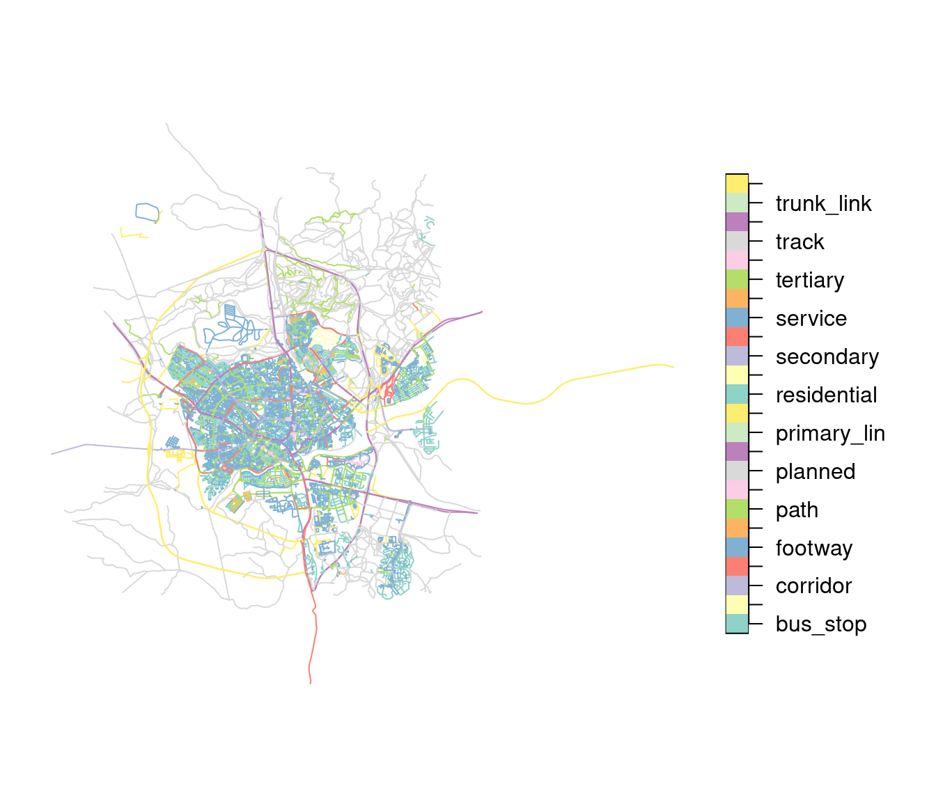 Beer-Sheva road types map, using data downloaded from OpenStreetMap (OSM)