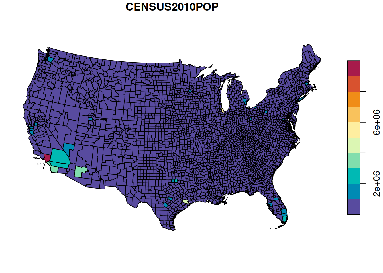 Population size per county in the US (equal breaks)