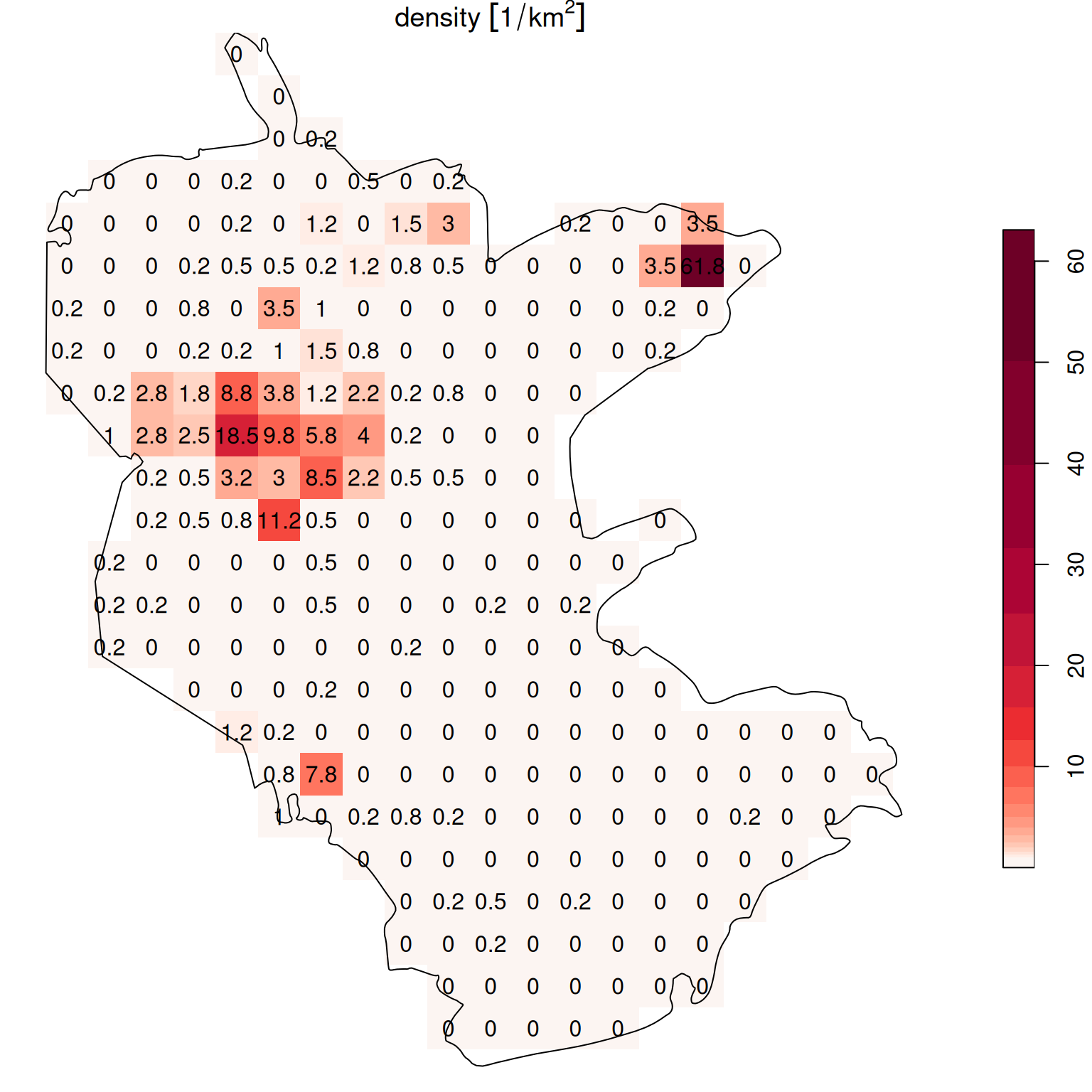 Density (observations per $km^2$) of rare plants in the nature reserve, with a logarithmic scale