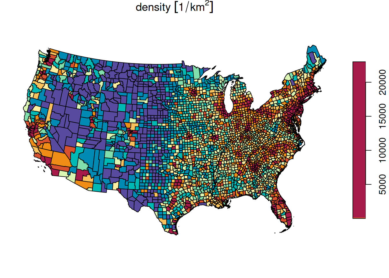 Population density in the US, quantile breaks