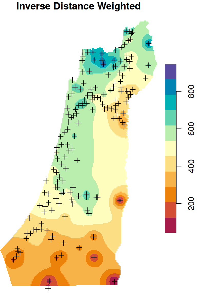 Spatial interpolation of annual rainfall using IDW, OK and UK