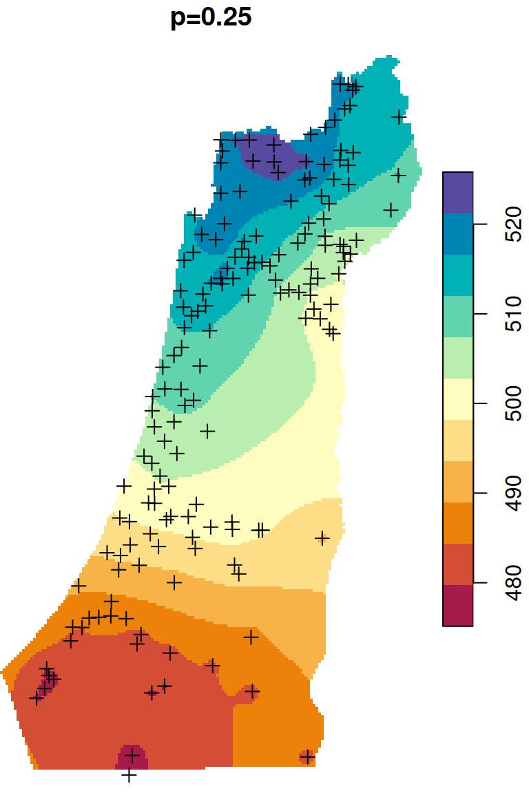 Spatial interpolation of annual rainfall using IDW with $p=0.25$, $p=2$ and $p=16$