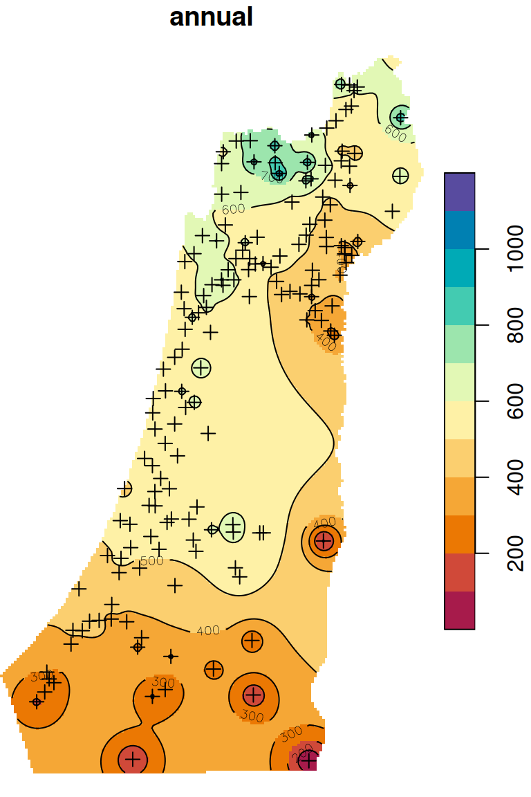 Predicted annual rainfall using Inverse Distance Weighted (IDW) interpolation