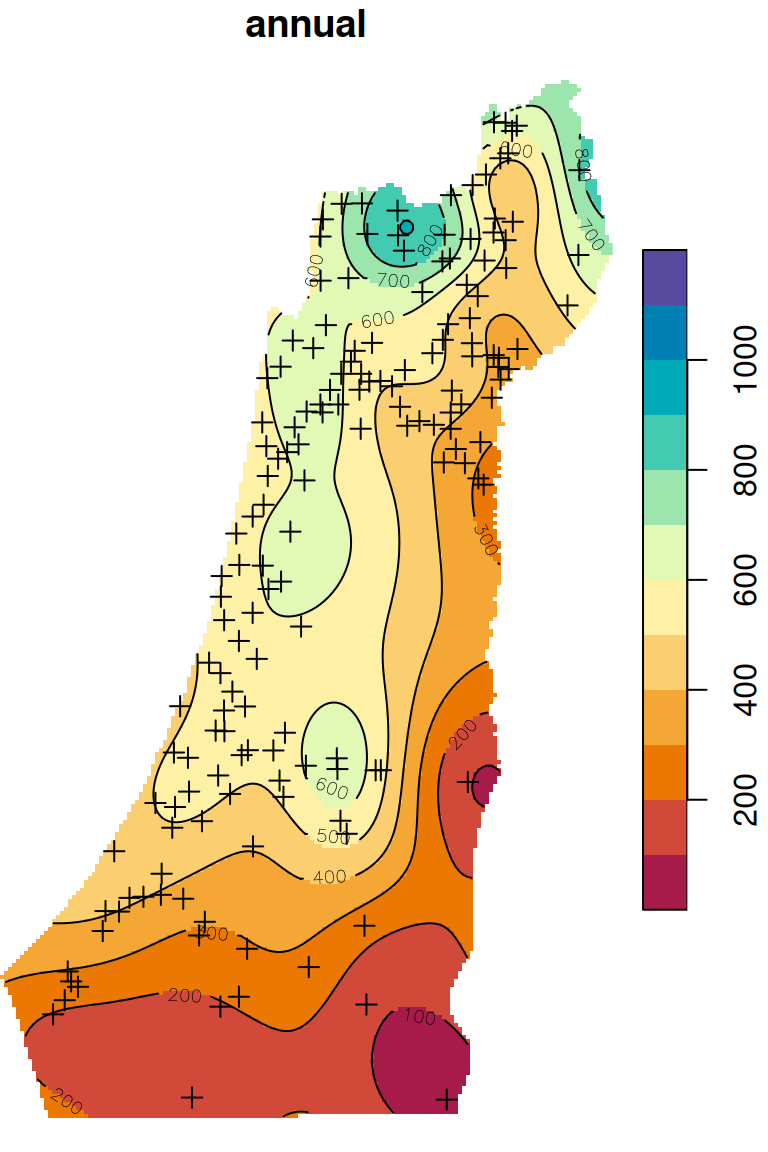 Predicted annual rainfall using Ordinary Kriging