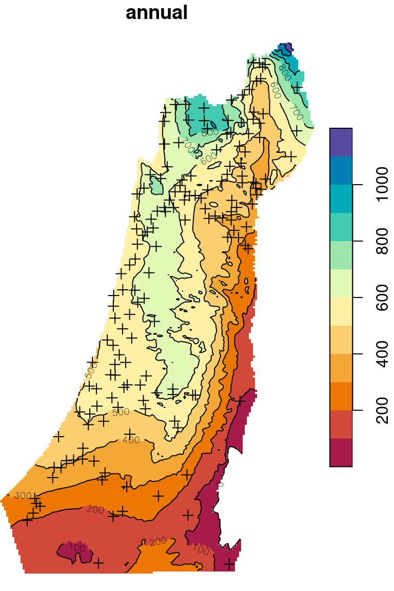 Predicted annual rainfall using Universal Kriging