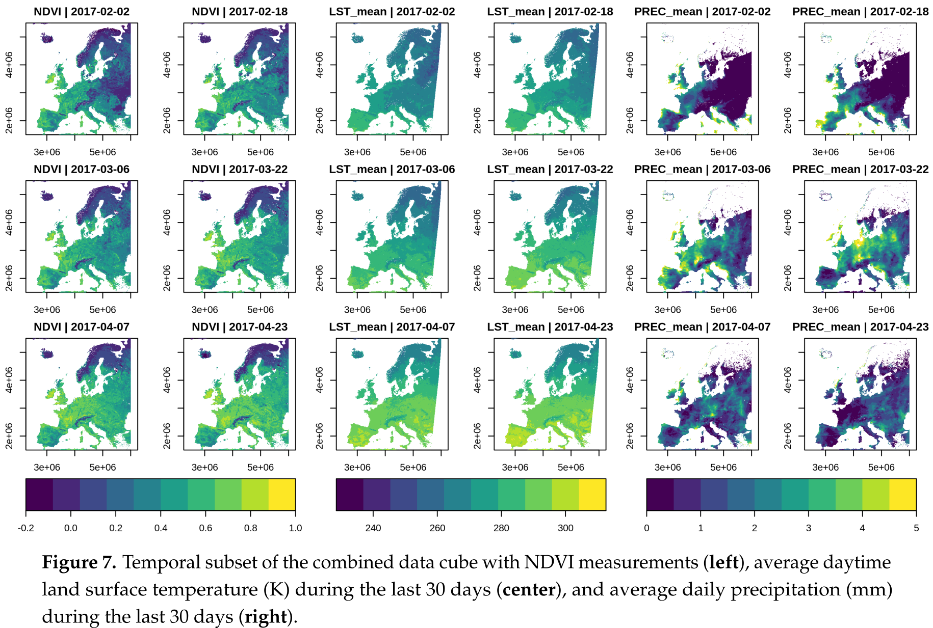 Grid layout: Satellite image time series (Appel, Marius, and Edzer Pebesma. "On-Demand Processing of Data Cubes from Satellite Image Collections with the gdalcubes Library." Data 4, no. 3 (2019): 92.)