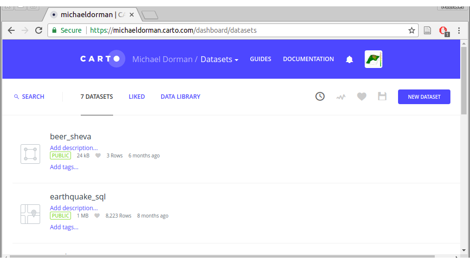 Datasets screen on CARTO