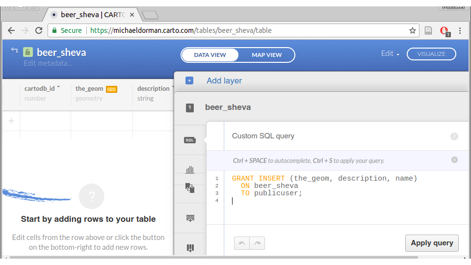 Granting <code>INSERT</code> permission through the CARTO web interface