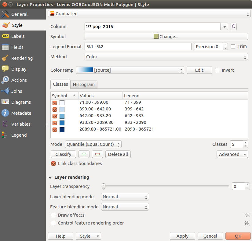 Setting symobology in QGIS, with automatically determined color scale breaks