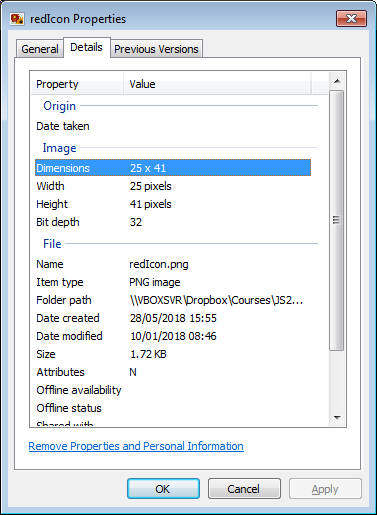 File properties for the red icon <code>redIcon.png</code>. The highlighted entry shows image dimensions in pixels (25 x 41)