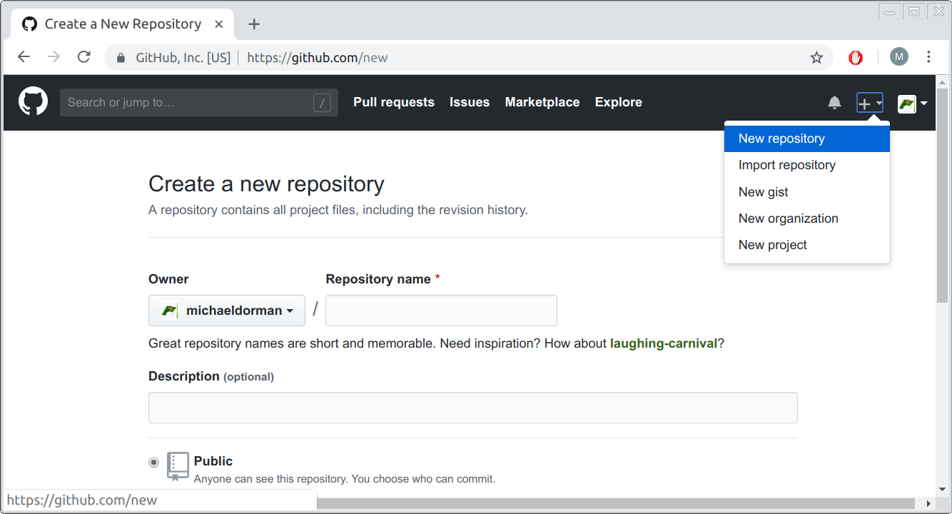 Creating a new repository on GitHub\index{GitHub (platform)}