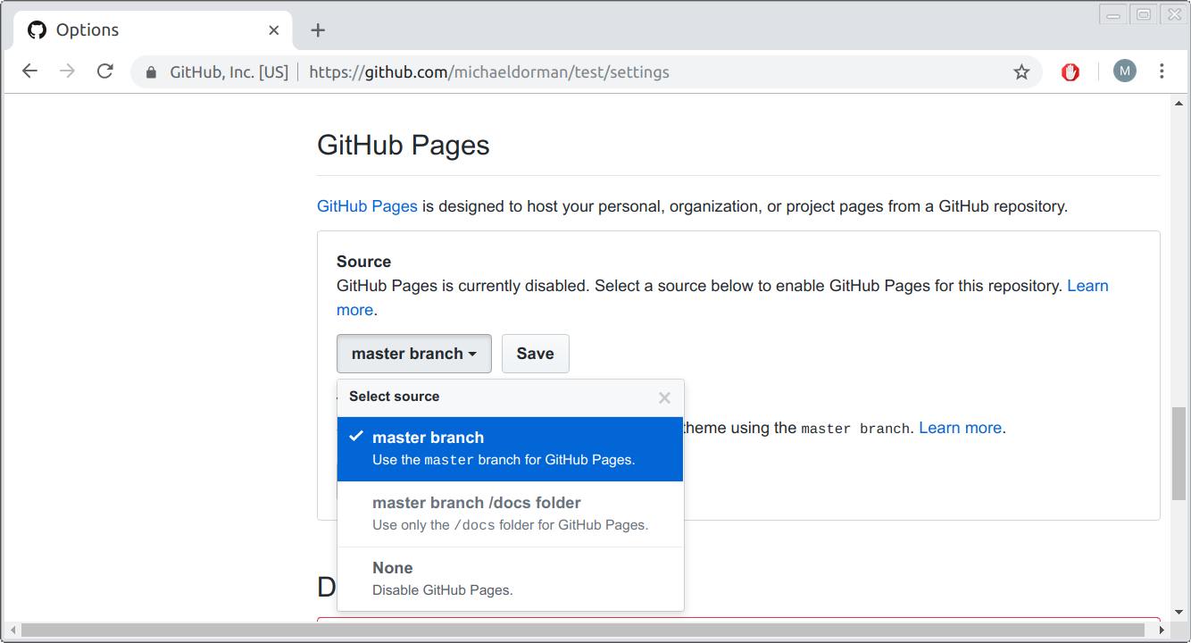 Setting <code>master</code> branch as GitHub Pages source