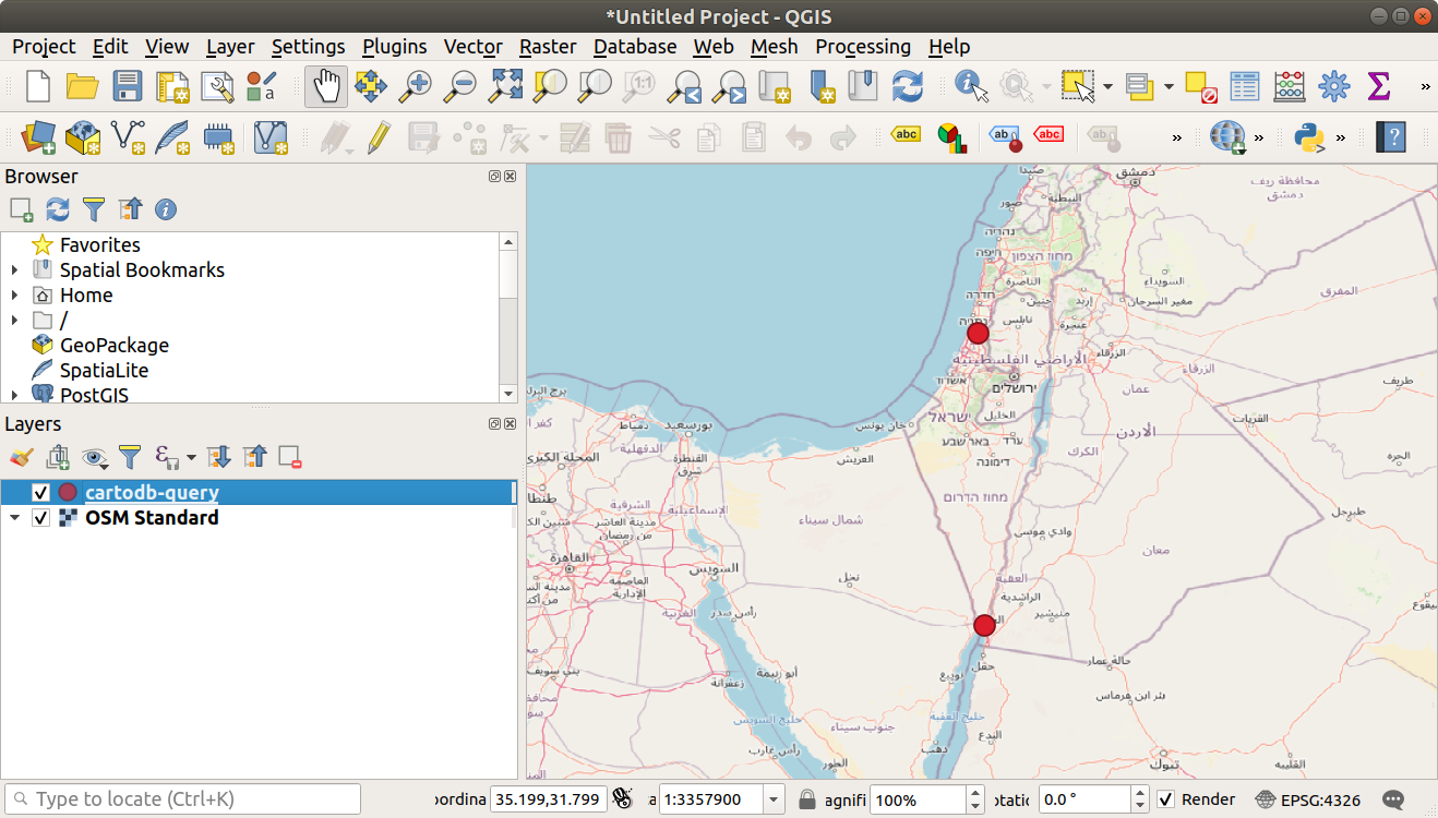 A GeoJSON file, obtained from the CARTO SQL API, displayed in QGIS