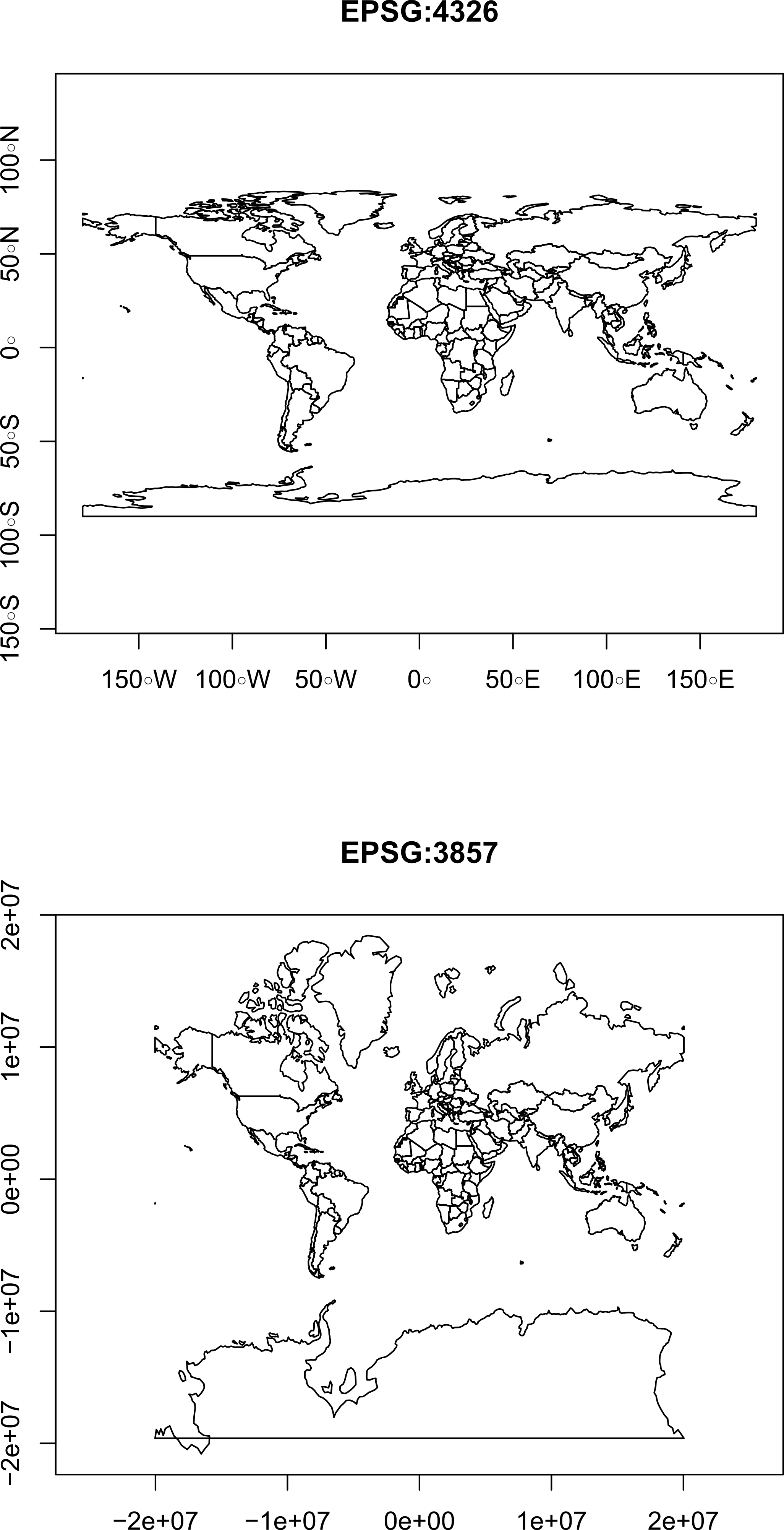 World map in the WGS84 (<code>EPSG:4326</code>) and Web mercator (<code>EPSG:3857</code>) projections