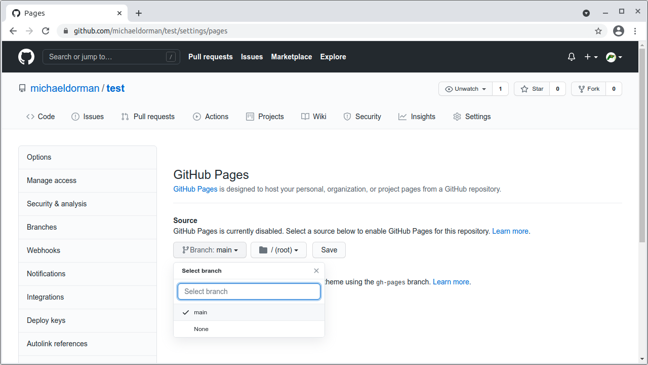 Setting the <code>main</code> branch as GitHub Pages source