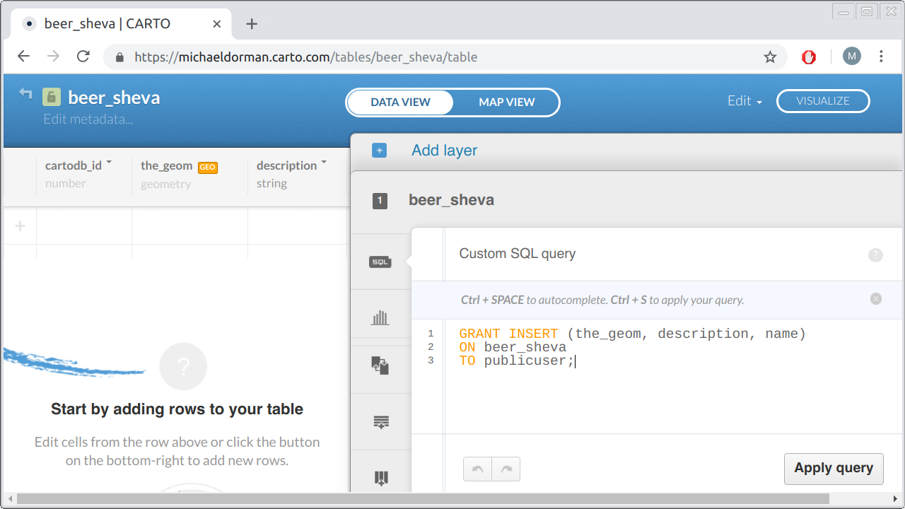 Granting <code>INSERT</code> permission through the CARTO web interface