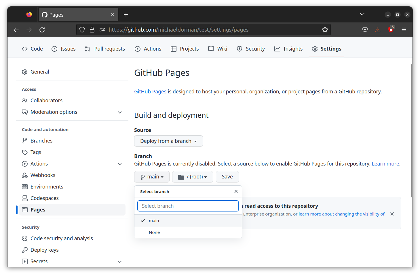 Setting the <code>main</code> branch as GitHub Pages source