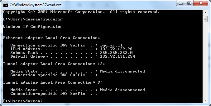 Determining the IP address using <code>ipconfig</code>