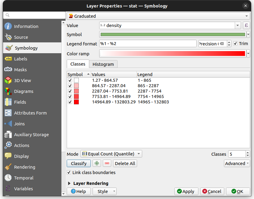 Setting symbology in QGIS, with automatically determined color scale breaks