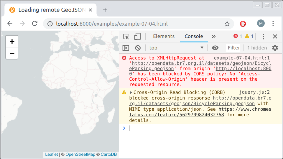 Error when attempting to load a resource, via Ajax, from a server where Cross-Origin Resource Sharing (CORS) is not allowed\index{fetch API}\index{Cross-Origin Resource Sharing (CORS)}