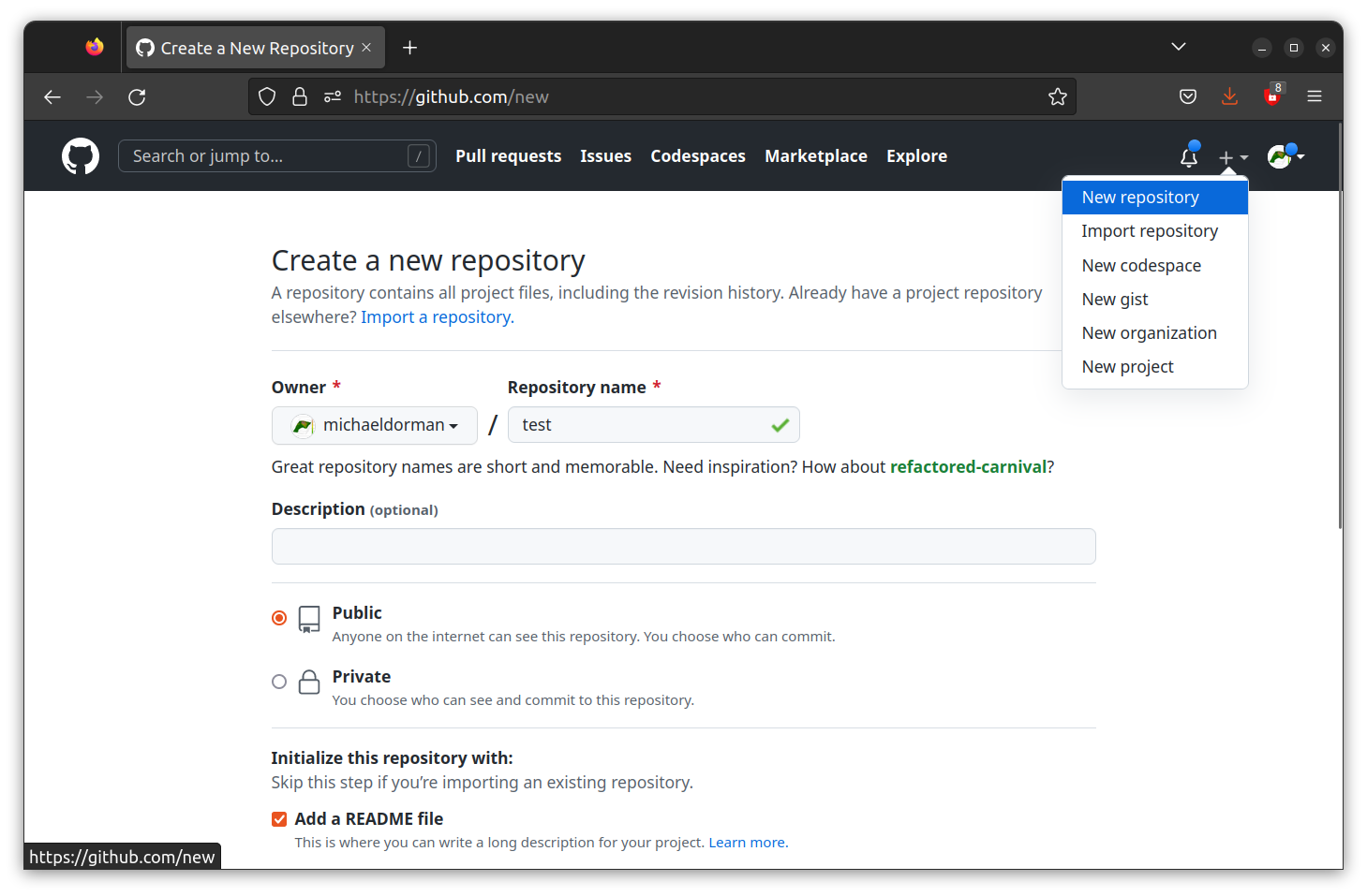 Creating a new repository on GitHub\index{GitHub (platform)}