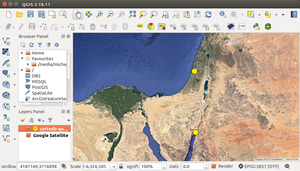 A GeoJSON file, obtained from the CARTO SQL API, displayed in QGIS
